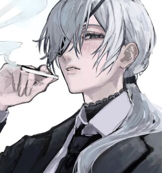 1girl black_choker black_jacket black_necktie business_suit chainsaw_man choker cigarette eyepatch formal_clothes grey_hair highres holding holding_cigarette jacket kohaa_ku lace-trimmed_choker lace_trim long_hair looking_at_viewer necktie parted_lips ponytail quanxi_(chainsaw_man) shirt_tucked_in simple_background smoke smoking solo suit suit_jacket white_background
