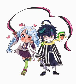 1boy 1girl :3 ahoge ajaw_(genshin_impact) bandage_on_face bandages belt black_hair blue_hair blush braid cocotsuko1204 cosplay covered_mouth demon_slayer_uniform genshin_impact green_eyes green_hair green_thighhighs hair_between_eyes haori headband heart highres holding holding_sword holding_weapon iguro_obanai iguro_obanai_(cosplay) japanese_clothes kanroji_mitsuri kanroji_mitsuri_(cosplay) kimetsu_no_yaiba kinich_(genshin_impact) long_hair mualani_(genshin_impact) multicolored_hair one_eye_closed open_mouth purple_headband red_eyes sandals simple_background standing striped_clothes sword thighhighs two-tone_hair v vertical-striped_clothes weapon whip_sword white_background white_belt white_hair zouri