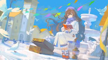 1girl absurdres anchor_hat_ornament beret bird blue_eyes blue_hat blue_neckerchief blue_scarf blue_sky book brown_hair building closed_mouth day dove dress dutch_angle floating_hair fountain full_body hat hat_ornament highres holding holding_book lantern long_dress long_hair marcus_(reverse:1999) mary_janes neckerchief open_book outdoors red_shoes reverse:1999 scarf shoes sitting sky socks solo string_of_flags suitcase too_many too_many_birds w-t white_bird white_dress white_socks