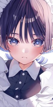 1boy alternate_costume apron black_dress blue_hair blunt_ends blush choppy_bangs closed_mouth collar collared_dress colored_inner_hair crossdressing crossdressing_(mtf) dress enmaided expressionless eyelashes eyeliner eyeshadow genshin_impact grey_eyes grey_pupils highres looking_at_viewer ma_d_k_89 maid maid_apron maid_headdress makeup male_focus male_maid multicolored_hair portrait red_eyeliner red_eyeshadow scaramouche_(genshin_impact) solo tsurime white_apron white_background white_collar