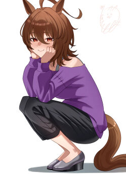 1girl agnes_tachyon_(casual)_(umamusume) agnes_tachyon_(umamusume) ahoge animal_ears black_pants blush brown_hair closed_mouth commentary_request highres horse_ears horse_girl horse_tail huge_ahoge looking_at_viewer making-of_available medium_hair motusii pants purple_shirt red_eyes shirt simple_background smile solo squatting tail umamusume white_background