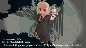 1girl albert_speer black_necktie black_pants black_suit blonde_hair collared_shirt dress_pants dress_shoes europe formal_clothes genderswap genderswap_(mtf) german_text gun hair_ornament handgun hearts_of_iron holding holding_building holding_gun holding_weapon luger_p08 map mensaun109 nazi necktie pants red_eyes reichsadler shirt short_hair solo suit swastika the_new_order:_last_days_of_europe weapon