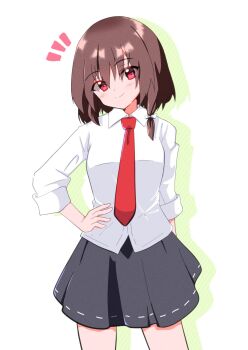 1girl asymmetrical_hair black_skirt bone_vone bow brown_hair colored_shadow commentary_request cowboy_shot dress_shirt drop_shadow hair_bow hand_on_own_hip head_tilt highres looking_at_viewer necktie no_headwear notice_lines red_eyes red_necktie shadow shirt simple_background skirt sleeves_rolled_up smile solo touhou usami_renko white_background white_bow white_shirt