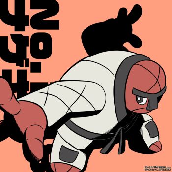 Rule 34 | 1boy, belt, black belt, black eyes, bright pupils, closed mouth, colored skin, commentary request, dougi, fighting stance, full body, gen 5 pokemon, highres, jacket, kuroki shigewo, long sleeves, nintendo, pants, pokemon, pokemon (creature), pokemon focus, red background, red skin, simple background, solo, throh, twitter username, white jacket, white pants, white pupils