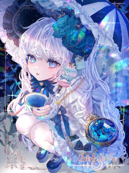 1girl absurdres blue_eyes blue_flower blue_rose bug butterfly cup dress flower food hair_flower hair_ornament highres insect komorihikki light_smile lolita_fashion long_hair looking_at_viewer macaron original pantyhose parasol parted_lips platform_shoes pocket_watch rose shoes solo squatting tea teacup umbrella very_long_hair watch white_dress white_hair white_pantyhose