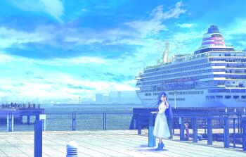 1girl arufa7ray black_hair blue_eyes blue_skirt blue_sky blue_theme boots buoy city cloud commentary cruise_ship day english_commentary harbor highres looking_at_viewer one_eye_closed original outdoors railing rolling_suitcase scenery shirt short_sleeves skirt sky smile solo standing suitcase v white_shirt