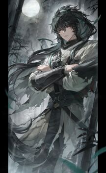 1boy absurdres arm_armor black_hair black_pants cloak closed_mouth commentary crossed_arms full_moon grey_eyes hair_between_eyes half-closed_eyes highres long_hair looking_at_viewer male_focus moon pants pillarboxed qiuyuan_(wuthering_waves) rain solo white_cloak wind wuthering_waves zani_journey