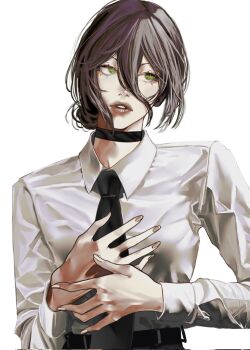 1girl black_choker black_hair black_necktie chainsaw_man choker collared_shirt commentary green_eyes hair_between_eyes hair_bun highres lips long_hair_between_eyes long_sleeves looking_to_the_side necktie parted_lips reze_(chainsaw_man) shirt short_hair simple_background snowberryaki solo upper_body white_background white_shirt