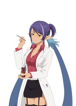 Rule 34 | 1girl, artist request, black skirt, black thighhighs, blue hair, breasts, cleavage, coat, cowboy shot, game cg, glasses, judith (tales), long hair, looking at viewer, medium breasts, multicolored hair, official alternate costume, official art, partially unbuttoned, pointy ears, purple eyes, purple hair, red shirt, shirt, skirt, smile, solo, tales of (series), tales of asteria, tales of vesperia, thighhighs, third-party source, transparent background, twintails, two-tone hair, unbuttoned, unbuttoned shirt, very long hair, white coat