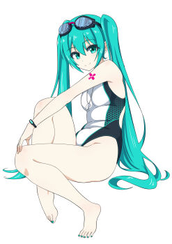 Rule 34 | 1girl, absurdres, aqua eyes, aqua hair, aqua nails, barefoot, breasts, commentary request, competition swimsuit, full body, goggles, goggles on head, hatsune miku, highleg, highleg one-piece swimsuit, highres, lifeguard, looking at viewer, multicolored swimsuit, nail polish, one-piece swimsuit, simple background, sitting, small breasts, solo, swimsuit, tattoo, toenail polish, toenails, twintails, vocaloid, whistle, whistle around neck, white background, white one-piece swimsuit, yurizuku owl