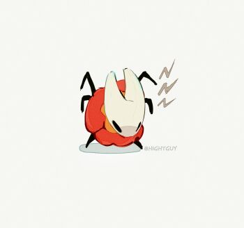 1girl artist_name bug chinese_commentary cloak commentary_request film_grain full_body highres hightguy hollow_knight hornet_(hollow_knight) horns leaning_forward red_cloak shadow shout_lines simple_background solo spider standing white_background