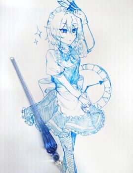 1girl absurdres apron blue_dress blue_vest bow braid clock closed_mouth collared_vest commentary dress fishnets frilled_apron frilled_dress frilled_vest frills glass_pen hair_bow highres holding holding_knife holding_pocket_watch izayoi_sakuya knife maid maid_headdress medium_hair pocket_watch shirt short_sleeves solo sparkle standing touhou traditional_media twin_braids user_ycnn5725 vest waist_apron watch white_apron white_hair white_headdress white_shirt