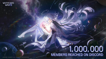 Rule 34 | 1girl, absurdres, closed mouth, colored eyelashes, commentary, dress, english commentary, english text, floating hair, from side, grey hair, hair over one eye, halo, high heels, highres, holding planet, jacket, logo, long hair, looking at viewer, looking to the side, mornye (wuthering waves), official art, purple dress, red eyes, see-through body, sky, smile, solar system, solo, space, star (sky), starry sky, tacet mark (wuthering waves), very long hair, white jacket, wuthering waves