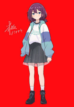 1girl black_shoes black_skirt blue_eyes brown_hair commentary_request full_body girls_band_cry gohannanaki highres iseri_nina jacket looking_at_viewer low_twintails medium_hair multicolored_jacket open_clothes open_jacket red_background shirt shoes short_twintails simple_background skirt sleeves_past_wrists socks solo twintails variant_set white_shirt white_socks