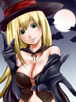 Rule 34 | 1girl, alternate costume, bare shoulders, blonde hair, breasts, bustier, cape, cleavage, corset, dark magician girl, duel monster, elbow gloves, female focus, gloves, green eyes, hat, hat tip, large breasts, latex, latex gloves, lingerie, long hair, outstretched arm, outstretched hand, reaching, rugu, solo, underwear, witch, witch hat, yu-gi-oh!, yu-gi-oh! duel monsters