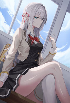 1girl absurdres ahoge alisa_mikhailovna_kujou black_skirt bow breasts brown_jacket buttons casual closed_mouth collared_shirt commentary_request double-breasted green_eyes grey_hair hair_ornament hair_ribbon highres indoors jacket kimchook large_breasts long_hair long_sleeves looking_at_viewer pleated_skirt red_bow red_ribbon ribbon shirt single_thighhigh sitting skirt smile solo thighhighs tokidoki_bosotto_roshia-go_de_dereru_tonari_no_alya-san white_shirt white_thighhighs