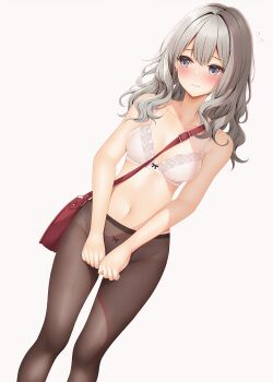 1girl arms_at_sides bag blush bow bow_bra bow_panties bra breasts closed_mouth collarbone commentary_request double-parted_bangs dutch_angle feet_out_of_frame grey_eyes grey_hair highres large_variant_set long_hair medium_breasts minato_ojitan navel original panties panties_under_pantyhose pantyhose raised_inner_eyebrows shoulder_bag simple_background solo standing stomach underwear underwear_only variant_set wavy_hair white_background white_bra white_panties
