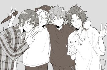 4boys akehoshi_subaru arm_on_another&#039;s_shoulder bangs_pinned_back baseball_cap closed_mouth commentary double_v ensemble_stars! glasses greyscale hair_between_eyes hat hidaka_hokuto highres isara_mao mame_(kfc1203) mask monochrome mouth_mask multiple_boys one_eye_closed plaid_clothes plaid_shirt shirt short_hair short_sleeves smile symbol-only_commentary trickstar_(ensemble_stars!) upper_body v watch yuuki_makoto_(ensemble_stars!)