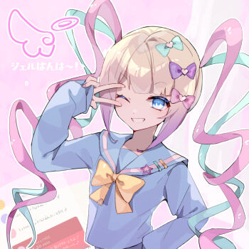 1girl blonde_hair blue_bow blue_eyes blue_hair blue_sailor_collar blue_shirt blunt_bangs bow bowtie chouzetsusaikawa_tenshi-chan commentary_request grin hair_bow hand_up long_hair long_sleeves multicolored_hair needy_girl_overdose one_eye_closed outline pink_background pink_bow pink_hair purple_bow sailor_collar shirt sidelocks sleeves_past_wrists smile solo torino_sasami translation_request twintails upper_body v white_outline yellow_bow yellow_bowtie
