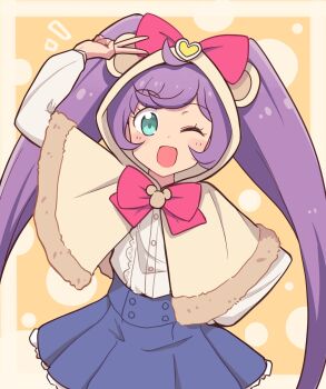 Rule 34 | 1girl, ;d, ahoge, animal hood, arm up, bad id, bad twitter id, blue skirt, bow, brown capelet, capelet, cbgb, cowboy shot, hair bow, highres, hood, hood up, hooded capelet, image sample, long hair, long sleeves, looking at viewer, manaka laala, mouse hood, one eye closed, open mouth, pink bow, pretty series, pripara, purple hair, shirt, skirt, smile, solo, standing, twintails, twitter sample, v, very long hair, white shirt, yellow background