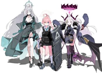 1girl 3girls a_(mitei7926) ahoge animal_ear_fluff animal_ears assault_rifle ballistic_shield beretta_1301 beretta_92 black_choker black_dress black_gloves black_halo black_horns blue_archive blue_eyes blue_necktie breasts broken_halo bulletproof_vest choker cleavage coat coat_on_shoulders cross cross_hair_ornament demon_girl demon_horns demon_wings dress extra_ears full_body gloves grey_hair gun hair_between_eyes hair_ornament halo handgun heterochromia hina_(blue_archive) horns hoshino_(armed)_(blue_archive) hoshino_(blue_archive) huge_ahoge inverted_cross large_breasts long_hair low_wings machine_gun mg42 multiple_girls necktie official_alternate_costume parted_bangs pink_hair pink_halo ponytail purple_eyes purple_halo purple_wings rifle school_uniform shield shiroko_terror_(blue_archive) shirt shotgun sig_sauer sig_sauer_556 simple_background skirt small_breasts solo standing tactical_school_uniform weapon white_background white_hair white_shirt wings wolf_ears wolf_girl yellow_eyes