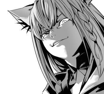 1girl animal_ear_fluff animal_ears braid fox_ears fox_girl hair_between_eyes highres hololive hyde_(tabakko) long_hair looking_at_viewer monochrome parted_lips shirakami_fubuki solo virtual_youtuber