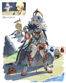 1boy 2girls 2others abyss_mage_(genshin_impact) aether_(genshin_impact) aged_down aged_up ahoge among_us beach black_boots black_gloves black_pants black_shirt blonde_hair blue_(among_us) blue_cape boots braid braided_ponytail bright_pupils brother_and_sister cape chain commentary crab crewmate_(among_us) crop_top crossover detached_sleeves english_commentary fingerless_gloves game_screenshot_inset genshin_impact gloves gold_trim grandaloe grey_eyes hair_between_eyes hair_ornament halo hand_up high_heel_boots high_heels highres holding holding_hands holding_stick instagram_logo instagram_username long_hair long_sleeves looking_at_another lumine_(genshin_impact) multiple_girls multiple_others on_rock open_mouth outdoors paimon_(genshin_impact) pants red_(among_us) reference_inset rock role_reversal romper sand scarf shirt siblings single_thighhigh sitting smile star_(symbol) star_hair_ornament stick teeth thighhighs upper_teeth_only water white_boots white_gloves white_hair white_pupils white_romper white_scarf white_thighhighs yellow_eyes