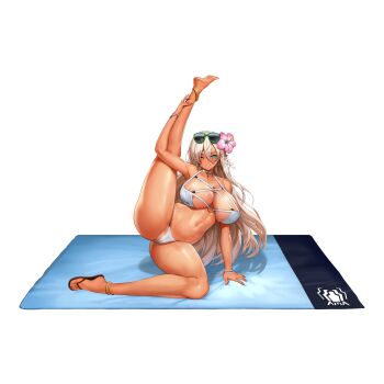 1girl acrobatic_sunny anklet areola_slip bikini blonde_hair blue_eyes bracelet breasts cameltoe choker dark-skinned_female dark_skin eyewear_on_head flexible flower full_body game_cg grin hair_between_eyes hair_flower hair_ornament highres huge_breasts jewelry last_origin long_hair looking_at_viewer mr.yun navel nipple_slip nipples official_art one_eye_closed sandals smile solo stretching extendable_limbs sweat swimsuit tachi-e thighs transparent_background very_long_hair yoga yoga_mat