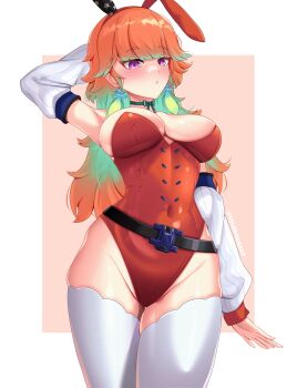 1girl absurdres adapted_costume animal_ears blush bow bow_choker breasts choker covered_navel detached_sleeves earrings fake_animal_ears feather_earrings feathers gradient_hair green_choker green_hair highres hololive hololive_english jewelry large_breasts leotard long_hair looking_at_viewer multicolored_hair open_mouth orange_hair playboy_bunny purple_eyes rabbit_ears red_leotard solevisionarts solo strapless strapless_leotard takanashi_kiara takanashi_kiara_(1st_costume) thighhighs virtual_youtuber