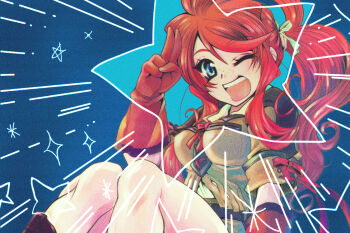 Rule 34 | blue eyes, cowboy western, freckles, gemini sunrise, gloves, hand up, jacket, kannah, looking at viewer, one eye closed, open mouth, orange jacket, red gloves, red hair, sakura taisen, sakura taisen v, salute, sidelocks, star (symbol), sword, two-finger salute, weapon, yellow jacket