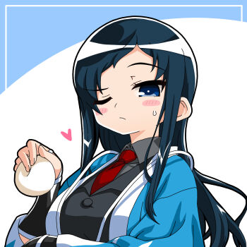 1girl armor black_hair black_jacket blue_eyes blue_haori blush_stickers breasts closed_mouth collared_shirt commentary_request food frown grey_shirt gyousatsu_shinsengumi hand_up haori heart highres hijikata_toshie holding holding_food inset_border jacket japanese_armor japanese_clothes kote lapels large_breasts long_hair looking_at_viewer mochi necktie one_eye_closed raised_eyebrow red_necktie shinsengumi shirt simple_background small_sweatdrop solo swept_bangs upper_body white_background yagumo_kengou