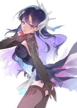1girl absurdres arm_up asymmetrical_gloves black_gloves blue_dress blue_eyes breasts brown_shrug brown_thighhighs closed_mouth colored_inner_hair commentary_request cowboy_shot dress gloves hair_between_eyes hair_ornament highres honkai:_star_rail honkai_(series) hysilens_(honkai:_star_rail) large_breasts looking_at_viewer multicolored_dress multicolored_hair purple_dress purple_hair red_gloves roo_boo shrug_(clothing) simple_background solo thighhighs white_background white_dress x_hair_ornament
