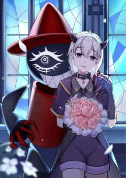 2boys :d bad_tag black_gloves breeding church claws collarbone dave_and_bambi_mod demon demon_horns earrings expunged_(moldygh) fangs flower gloves hat helmet horns interspecies jewelry looking_at_viewer multiple_boys open_mouth original petals purple_eyes qilin7777 red_hat rin_vesper rose short_shorts shorts smile star_(symbol) teeth trap true_expunged white_hair window