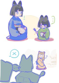 ... ._. 3girls animal_ears black_hair blue_kimono blunt_bangs blunt_ends bob_cut braid brown_hair brushing_tail colored_speech_bubble commentary_request family fox_ears fox_girl fox_tail green_eyes green_kimono hair_brush hamster_ears hamster_girl hamster_tail highres holding holding_hair_brush if_they_mated japanese_clothes kachimachi_kosuzu kimono link!_like!_love_live! love_live! momose_ginko mother_and_daughter multiple_girls pipi_(m1x_mix) purple_eyes question_mark_ahoge science_babies short_hair side_ahoge side_braid speech_bubble spoken_ellipsis spoken_x tail virtual_youtuber wife_and_wife yellow_kimono