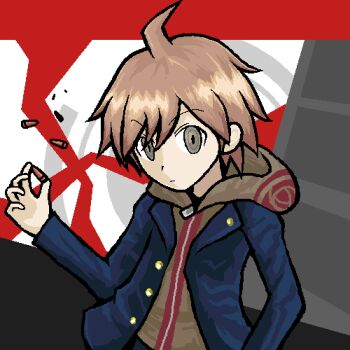 Rule 34 | 1boy, ahoge, bishounen, black jacket, brown hair, bullet, commentary, danganronpa: trigger happy havoc, danganronpa (series), green eyes, green hoodie, hood, hoodie, jacket, looking at viewer, lowres, male focus, naegi makoto, open clothes, open jacket, red background, solo, suta (clusta)