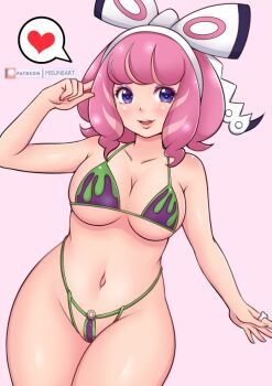 1girl bikini blue_eyes blush bone bow breasts cleavage collarbone eyeshadow hair_bow hairband heart holding holding_bone index_finger_raised klara_(pokemon) large_breasts looking_at_viewer makeup misune_art multicolored_hair navel nintendo open_mouth pink_background pink_hair pokemon pokemon_swsh print_bikini purple_bikini purple_eyeshadow short_hair smile speech_bubble spoken_heart standing streaked_hair swimsuit teeth underboob white_bow