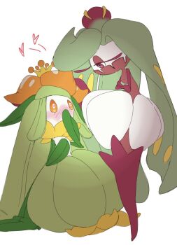 2girls blush boots colored_skin crossed_arms crown flower full-face_blush full_body gen_5_pokemon gen_7_pokemon gold_crown green_hair green_skin hair_flower hair_ornament heart heart-shaped_pupils highres lilligant long_hair looking_at_another mini_crown monster_girl multicolored_skin multiple_girls nintendo no_feet no_mouth orange_eyes orange_flower pink_boots pink_eyes pink_skin pink_thighhighs plant_girl plant_hair pokemon pokemon_(creature) pp_7762 simple_background standing swept_bangs symbol-shaped_pupils thighhighs tri_tails tsareena two-tone_skin white_background white_skin yellow_crown yuri