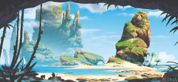 2others absurdres animal beach blue_sky cloud commentary day english_commentary english_text highres landscape leaf lorenzo_lanfranconi monkey moss mountain multiple_others no_humans ocean original outdoors painterly palm_tree rock scenery shore sky tree tropical water