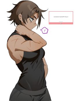 1girl black_pants black_shirt breasts brown_hair closed_mouth commentary dark-skinned_female dark_skin english_commentary genderswap genderswap_(mtf) hand_on_own_neck heathcliff_(project_moon) highres limbus_company marshmallow_(site) medium_breasts pants parted_bangs project_moon request_inset scar scar_on_arm scar_on_face scar_on_shoulder shi_association_south_uniform shirt sleeveless sleeveless_shirt solo yongsadragon