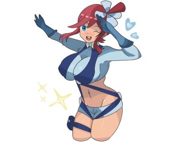 1girl blue_eyes breasts crop_top gloves heart large_breasts long_hair long_sleeves nintendo one_eye_closed pokemon pokemon_bw red_hair saypienx shorts skyla_(pokemon) teeth upper_teeth_only white_background wink