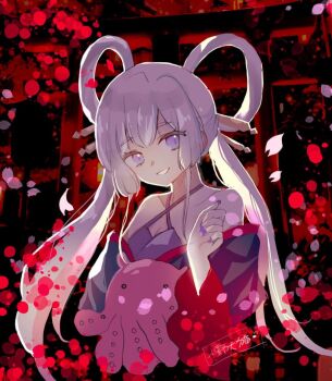 Rule 34 | 1girl, animal, bare shoulders, black kimono, breasts, cho kaguya-hime!, cleavage, collarbone, commentary request, criss-cross halter, cropped torso, grey hair, hair rings, halterneck, highres, japanese clothes, kimono, long hair, lunacats, nail polish, octopus, off shoulder, petals, purple eyes, purple nails, runami yachiyo, small breasts, smile, solo, thick eyebrows, torii, twintails, upper body, very long hair