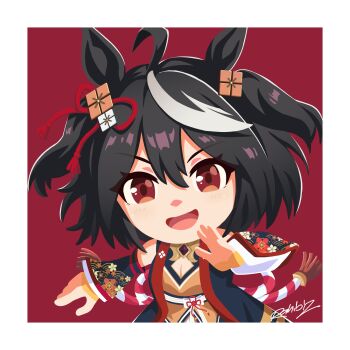 1girl absurdres ahoge animal_ears black_gemstone black_hair blush bow breasts chanchanko_(clothes) cleavage cleavage_cutout clothing_cutout detached_sleeves ear_ornament ear_ribbon gem hair_between_eyes hair_ornament highres horse_ears horse_girl kitasan_black_(crowning_ooban)_(umamusume) kitasan_black_(umamusume) kouhaku_nawa looking_at_viewer medium_breasts multicolored_hair open_mouth rahibizzz red_background red_eyes rope shimenawa short_hair smile solo streaked_hair umamusume white_hair