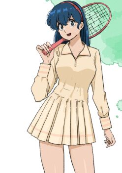 blue_eyes blue_hair collared_dress dress headband highres holding holding_tennis_racket long_sleeves maison_ikkoku miniskirt otonashi_kyouko parted_lips poppowerhearts racket red_headband simple_background skirt sportswear tennis_racket tennis_uniform