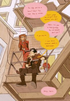 1boy 1girl bat_signal batman_(series) batman_symbol black_bodysuit black_gloves black_hair blue_eyes bodysuit breasts brown_jacket crossover dc_comics english_text gloves grey_bodysuit hair_between_eyes highres holding jacket jason_todd long_hair mask mecha_pilot_suit medium_breasts multicolored_bodysuit multicolored_hair muscular muscular_male neon_genesis_evangelion open_mouth orange_hair pants plugsuit_(evangelion) red_bodysuit red_hood_(dc) red_hood_and_the_outlaws red_mask shawn_starr short_hair souryuu_asuka_langley superhero_costume taut_bodysuit two-tone_bodysuit