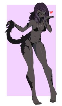 Rule 34 | 1girl, au ra, barefoot, bikini, black bikini, black horns, black nails, black scales, black skin, blowing kiss, borrowed character, collarbone, colored skin, doce, dragon horns, dragon tail, female focus, final fantasy, final fantasy xiv, freckles, full body, glasses, glowing, glowing eyes, heart, highres, holding own tail, horns, looking at viewer, navel, one eye closed, original, purple background, purple hair, solo, swimsuit, tail, warrior of light (ff14), wink