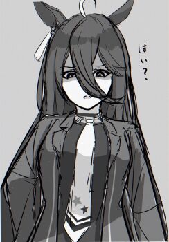 1girl ahoge animal_ears breasts coat commentary_request ear_tag earrings gesugao gokoroyama3304 grey_background grey_hair hair_between_eyes highres horse_ears horse_girl jewelry long_bangs long_hair long_hair_between_eyes long_sleeves manhattan_cafe_(umamusume) medium_breasts multicolored_hair necktie open_clothes open_coat open_mouth parted_lips shaded_face simple_background single_earring solo translation_request umamusume very_long_hair