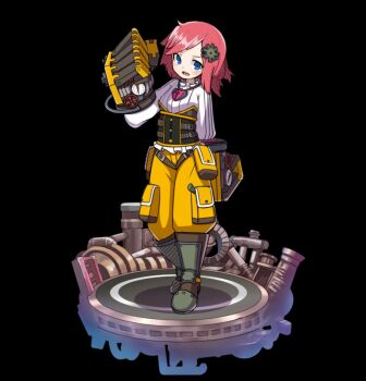 1girl black_background blue_eyes blush boots brown_boots brown_corset corset dianne_(merc_storia) full_body gears hair_ornament heart highres jewelry long_sleeves mechanical_arms merc_storia merc_storia_art_team necklace official_art open_mouth pants pink_hair shirt simple_background solo standing tachi-e teeth upper_teeth_only v-shaped_eyebrows white_shirt yellow_pants