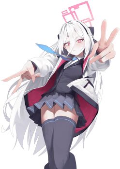 1girl absurdres black_hairband black_skirt black_thighhighs blue_archive blue_necktie blush closed_mouth collared_shirt commentary_request double_v feet_out_of_frame hair_between_eyes hairband halo highres hokori1207 jacket kei_(blue_archive) kei_(student)_(blue_archive) long_hair long_hair_between_eyes looking_at_viewer necktie pink_eyes pink_halo pleated_skirt rectangular_halo ringed_eyes shirt simple_background skirt solo thighhighs v very_long_hair white_background white_hair white_jacket white_shirt