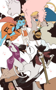 bartholomew_kuma black_hair black_hat boa_hancock cat chamsut0905 coat commentary_request crocodile_(one_piece) donquixote_doflamingo dracule_mihawk dress earrings fur-trimmed_coat fur_trim gecko_moria glasses hat hat_feather heart highres holding holding_sword holding_weapon hook_hand jewelry jinbe_(one_piece) korean_commentary long_hair monkey_d._luffy one_piece orange_shirt purple_dress shirt simple_background sleeveless sleeveless_dress snake_earrings sunglasses sword weapon white_background