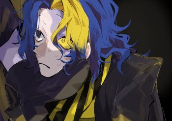 1boy black_background black_eyes black_jacket blue_hair closed_mouth commentary_request frown heterochromia highres jacket long_hair looking_up male_focus nekoma_hikaru nervous_sweating out_of_frame shoes striped_bandana sweat traffic_jam_(vocaloid) welter_(a_ka_shi) yellow_eyes